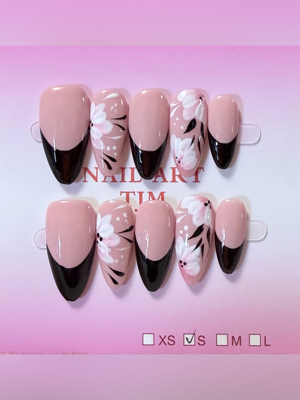 Hand-Painted Pink & Black Floral Press-On Nails